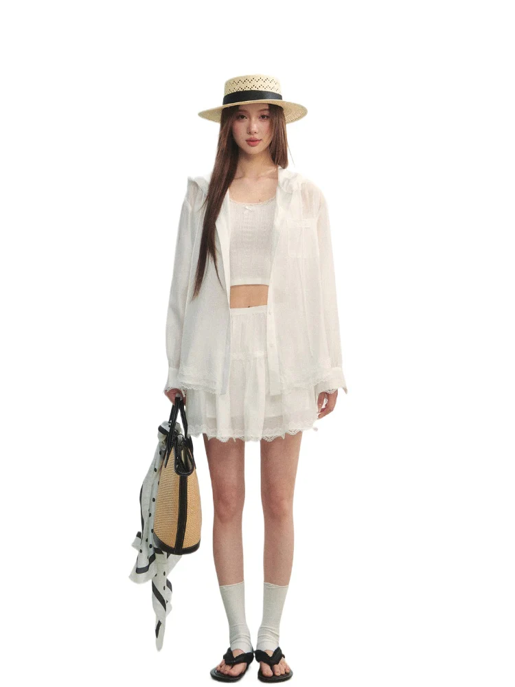 White Lace Panel Hooded Coat & Skirt Set