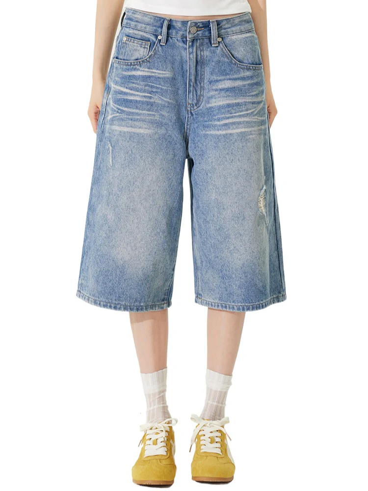 Distressed 7-inch Denim Straight Pants