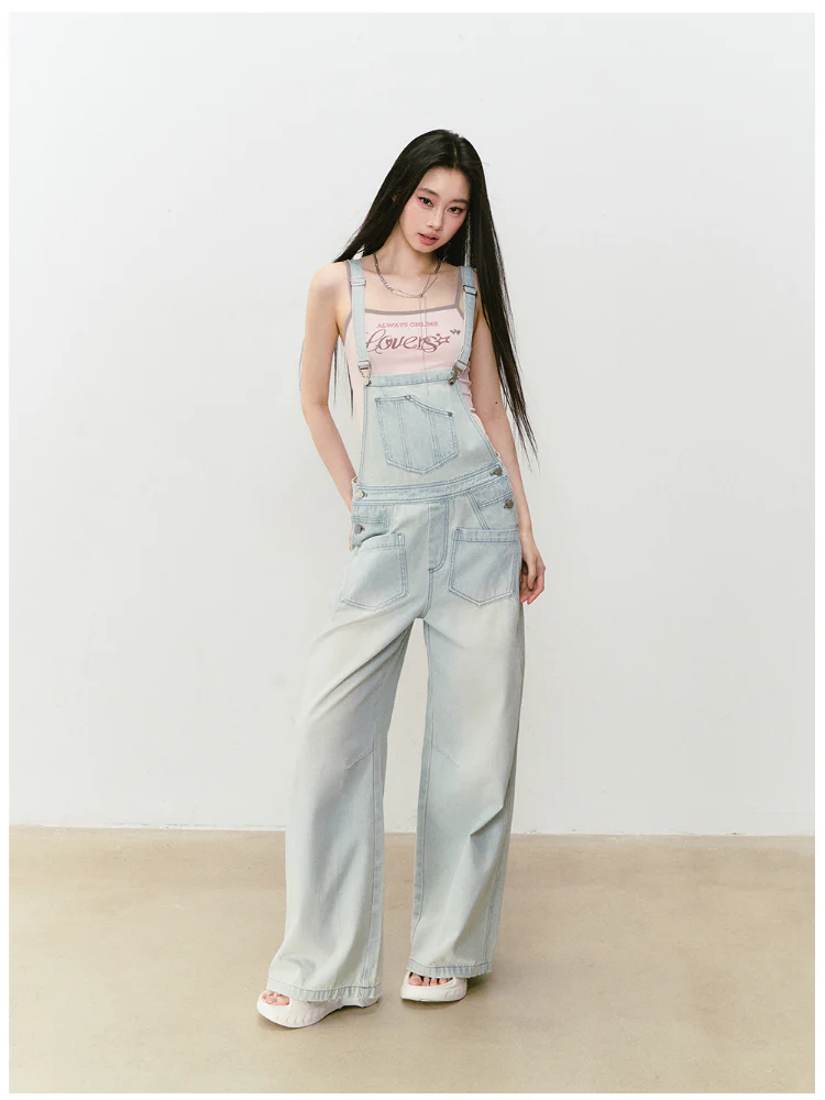 Washed Light Blue Denim Overalls