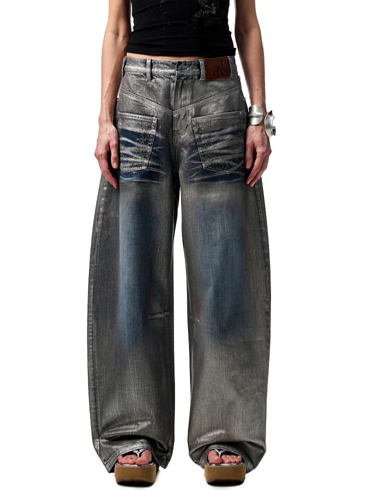 Silver-Foil Embroidered Straight-Leg Denim Curved Pants