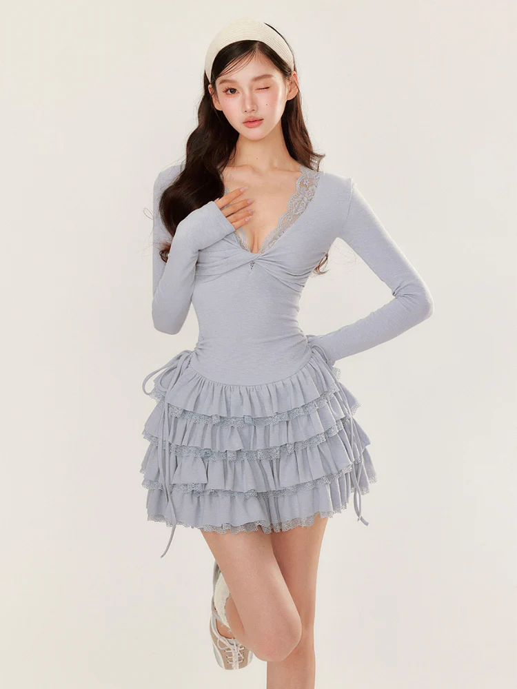 V-neck Long Sleeve Cake Dress
