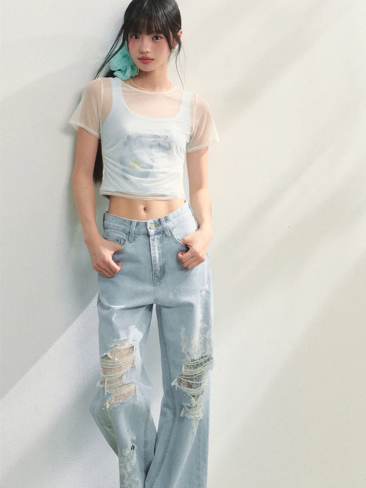 Lace-Trimmed Printed Rhinestone-Embellished Jeans