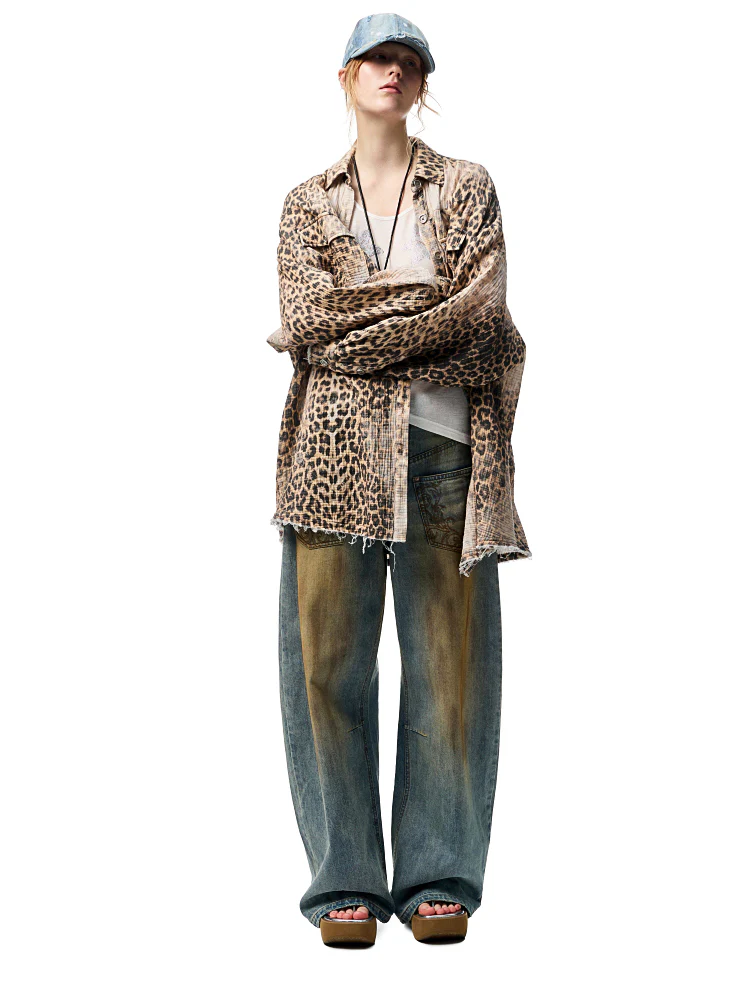 Washed Distressed Leopard Print Shirt