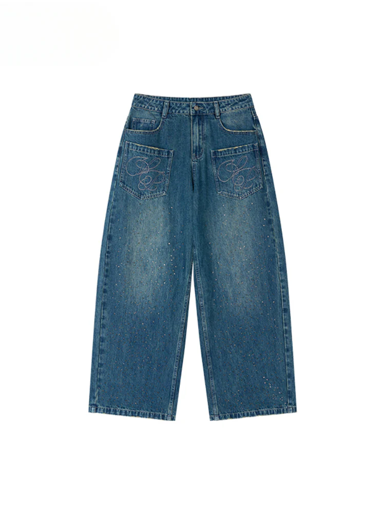 3D Rhinestone Wide - leg Denim Pants