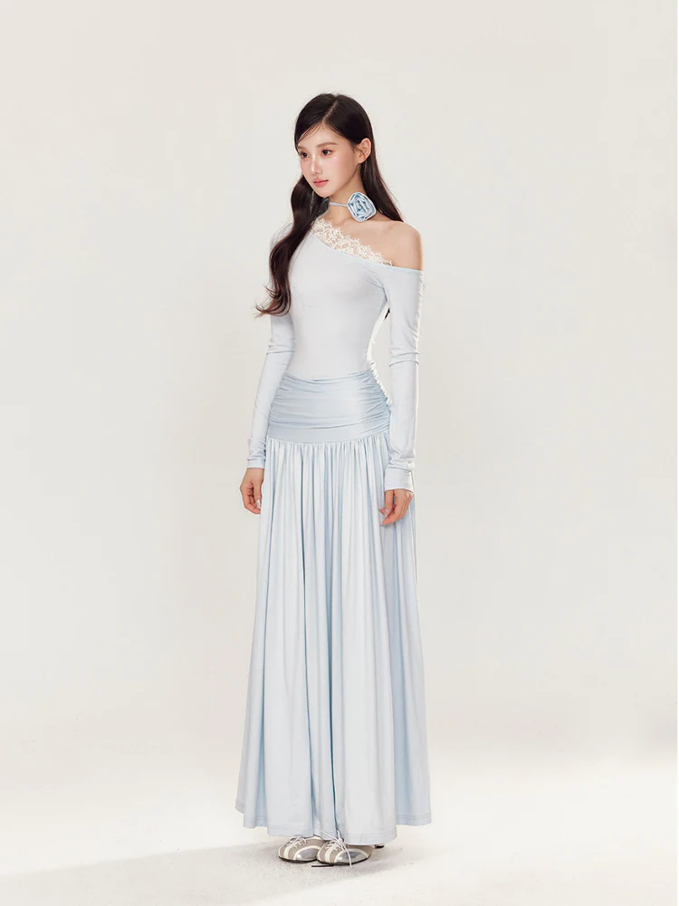Off-Shoulder Asymmetrical Waist Pleated Dress