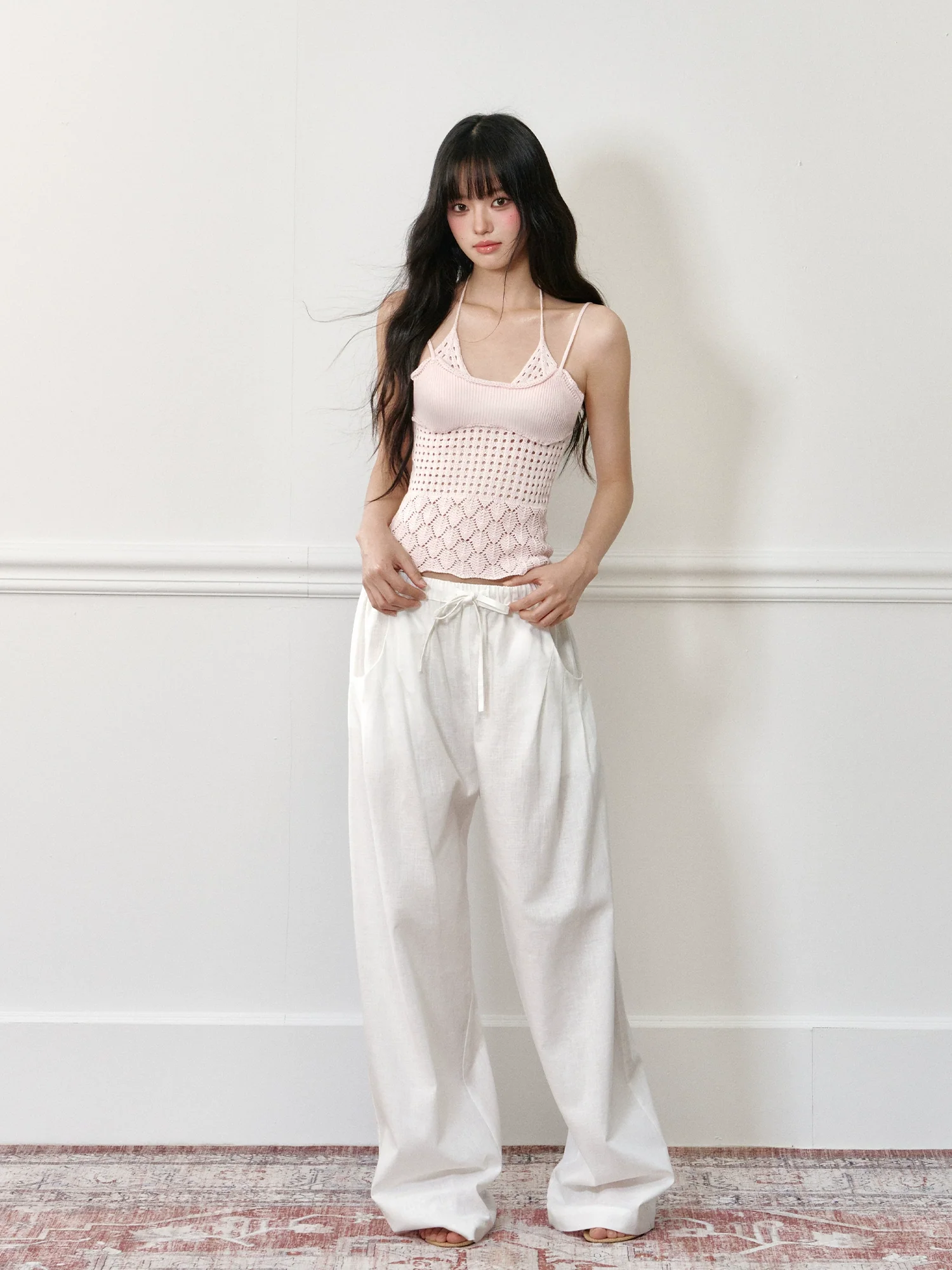 Linen Elastic Drawstring Wide-Leg Pants