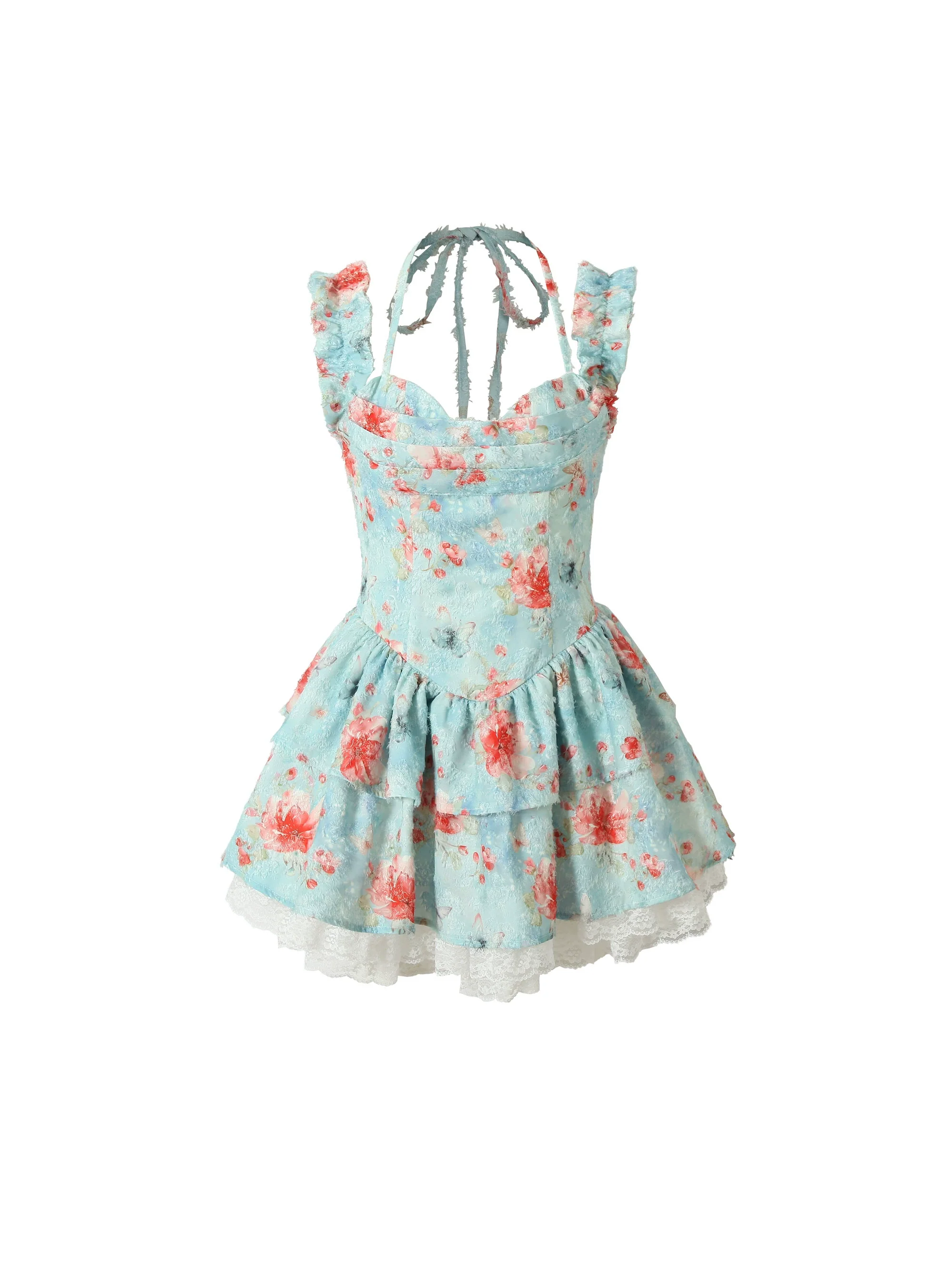 Floral Lace Halter Puff Short Dress