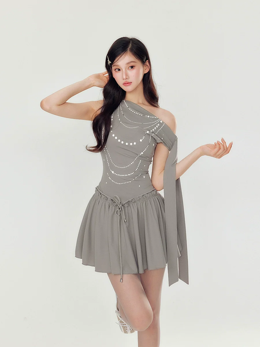 Off-Shoulder Pearl and Rhinestone Puff Dress