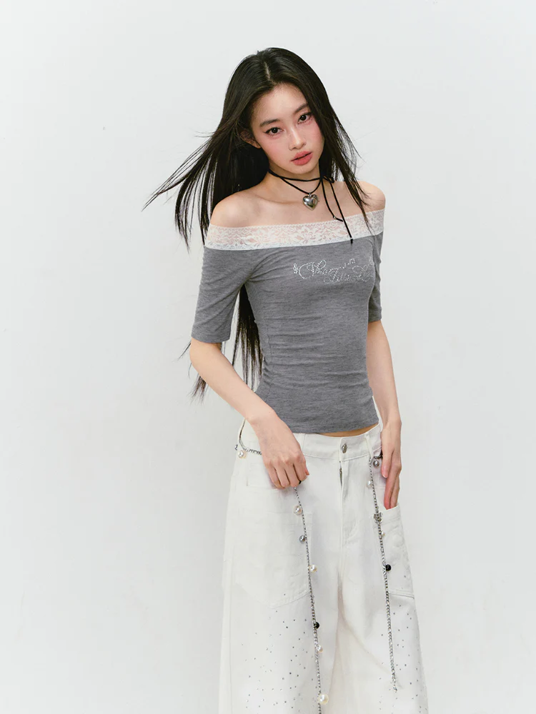 3D Rhinestone Wide - leg Denim Pants