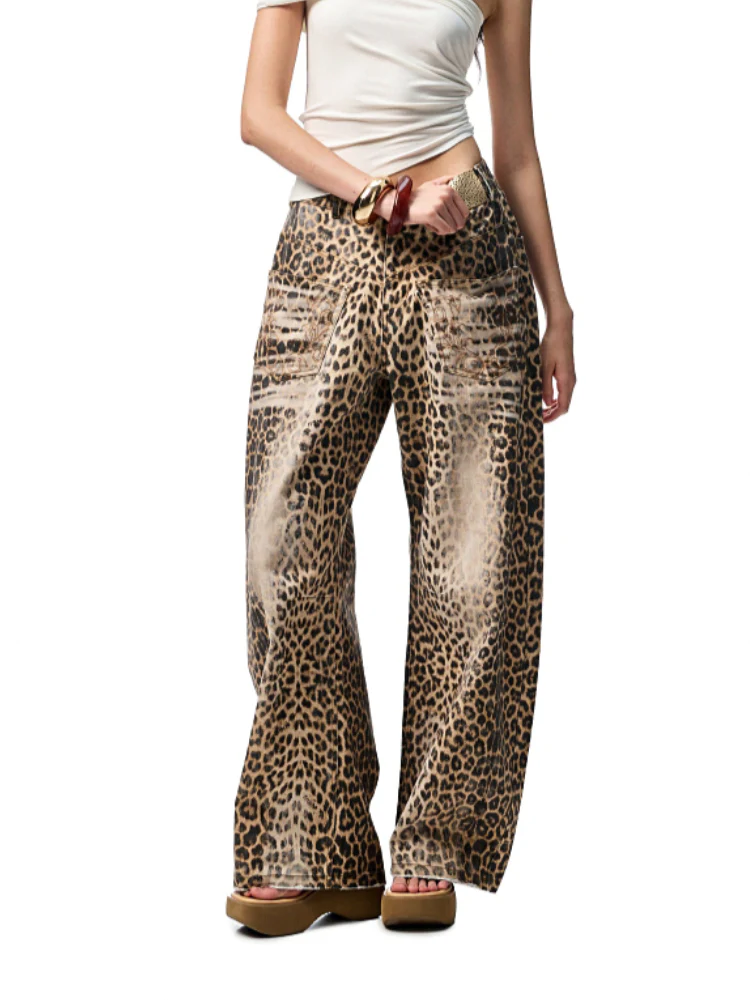 Washed Leopard Print Canvas Curved Pants