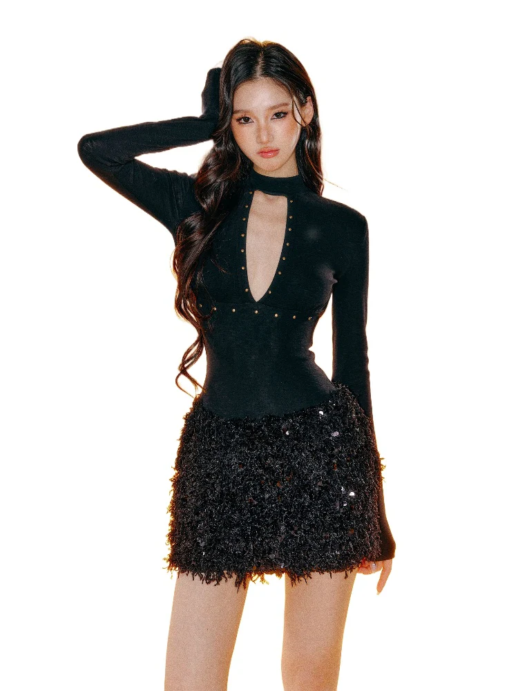 Rhinestone Slim-Fit Sequin V-Neck Hollow-Out Dress