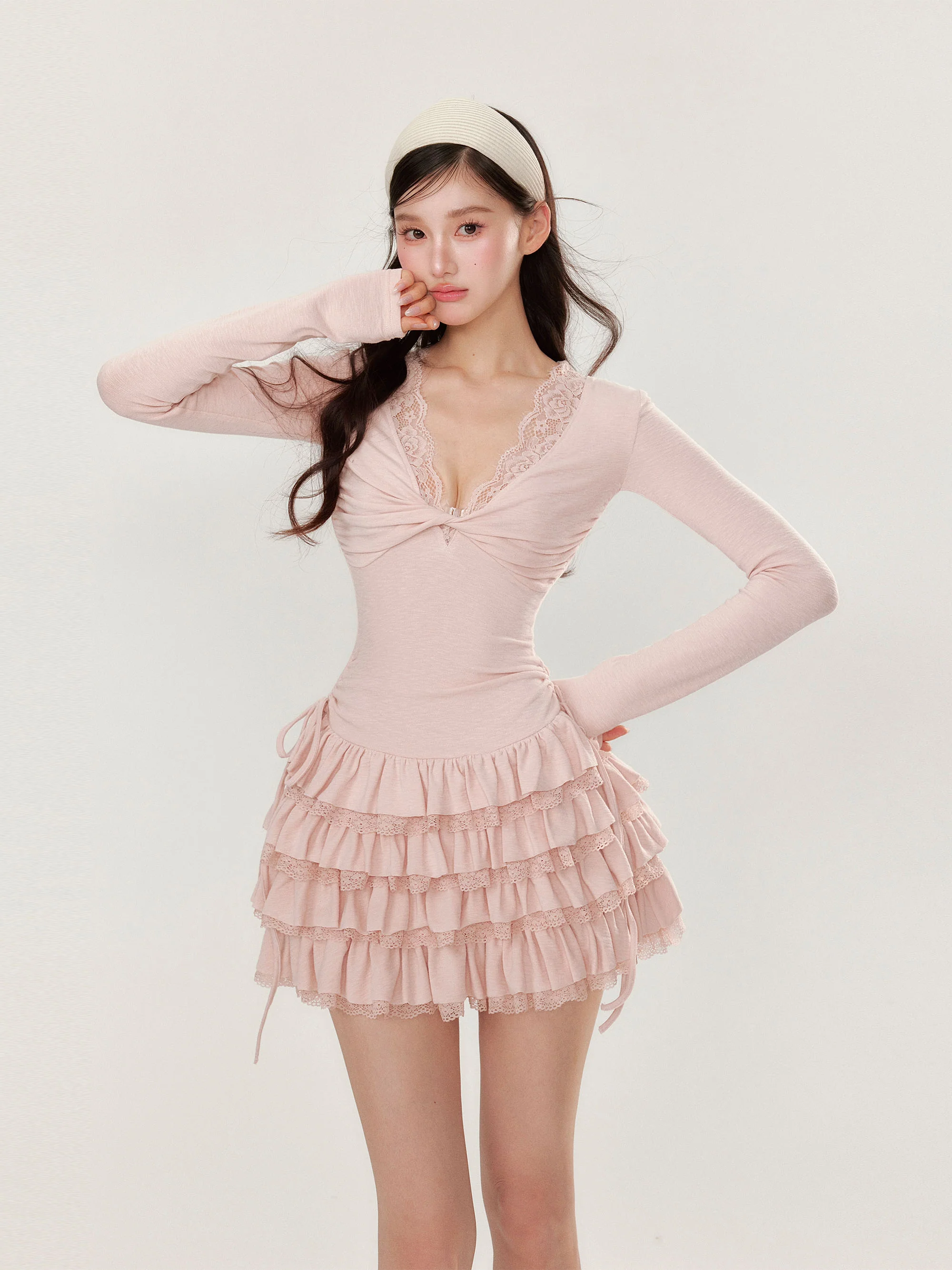 V-neck Long Sleeve Cake Dress