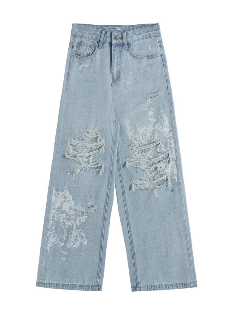 Lace-Trimmed Printed Rhinestone-Embellished Jeans