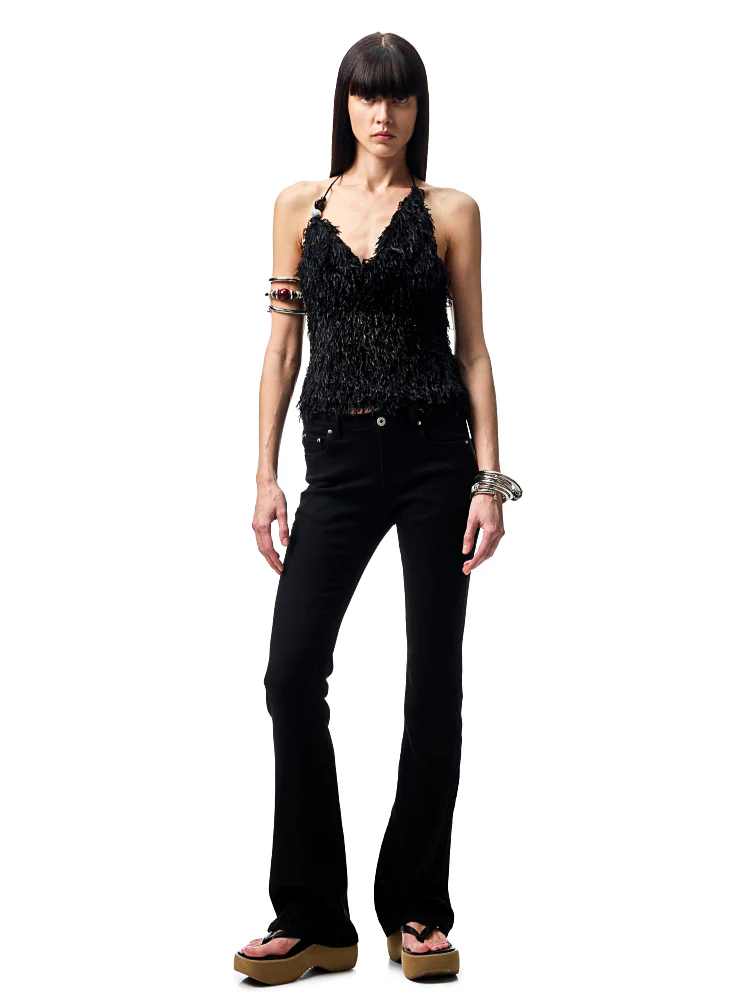 V-Neck Beaded Draped Collar Halter Cami Top