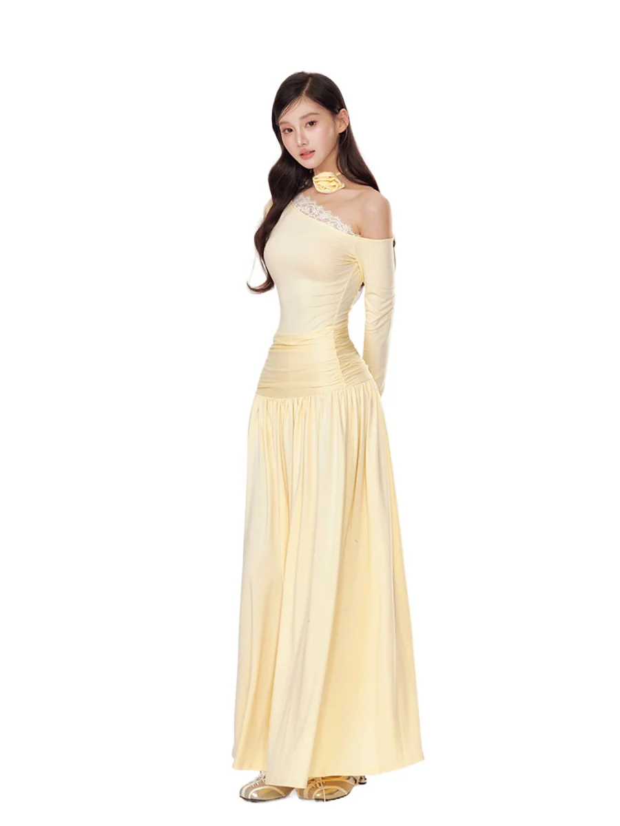 Off-Shoulder Asymmetrical Waist Pleated Dress