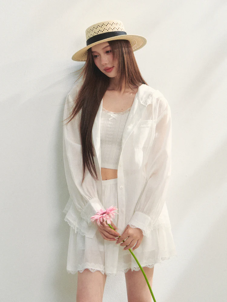 White Lace Panel Hooded Coat & Skirt Set