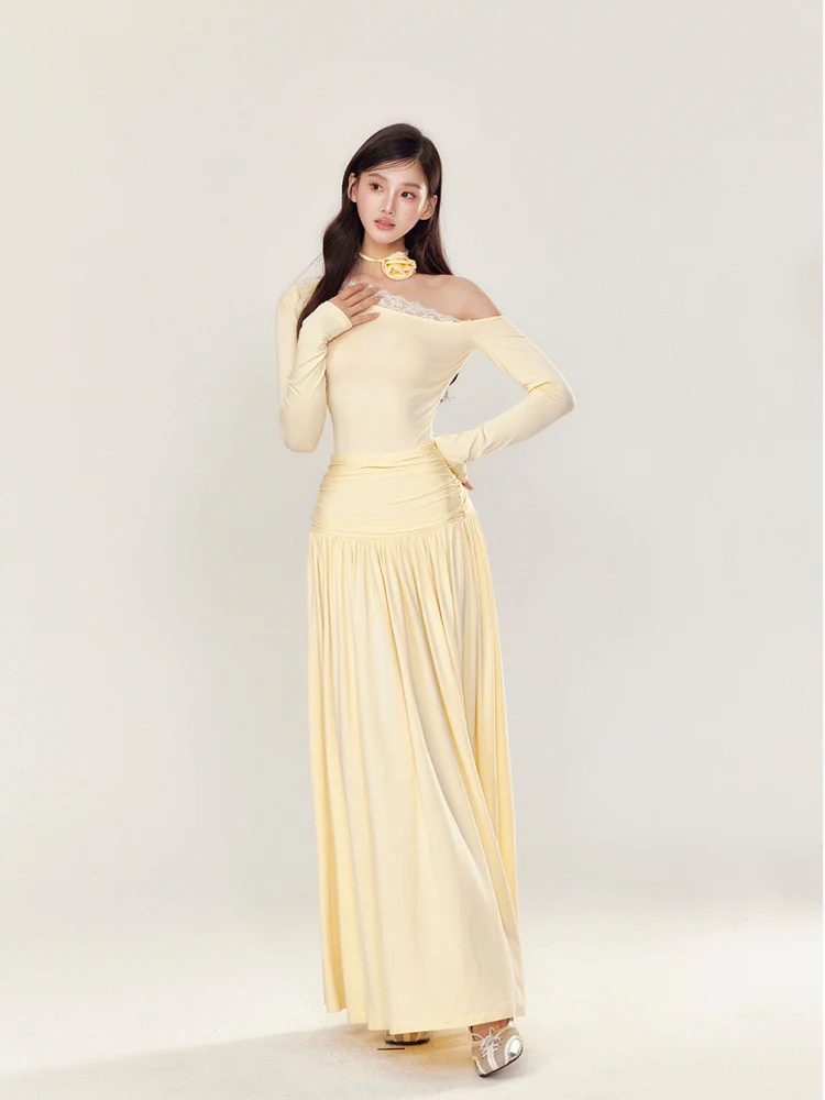 Off-Shoulder Asymmetrical Waist Pleated Dress