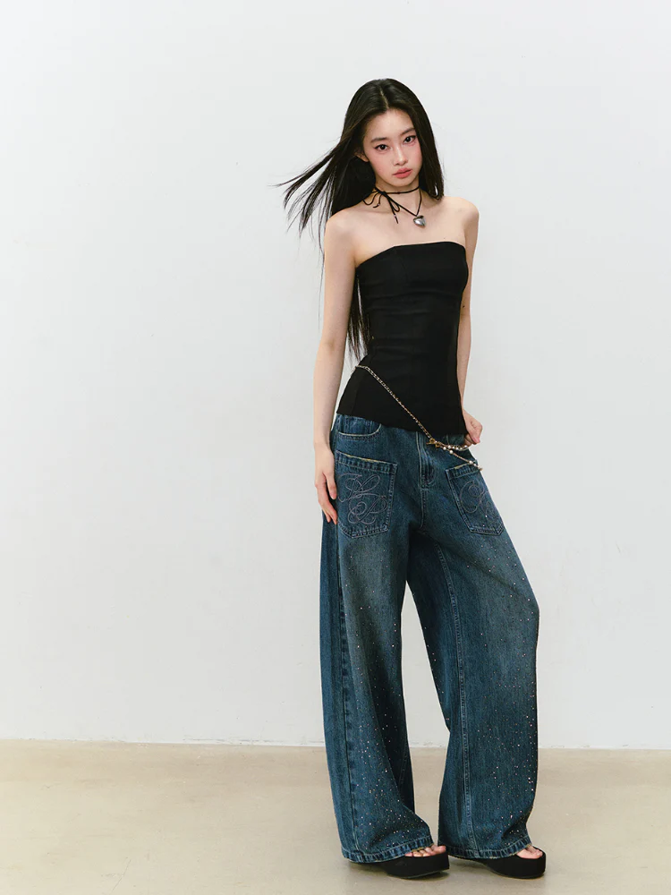 3D Rhinestone Wide - leg Denim Pants