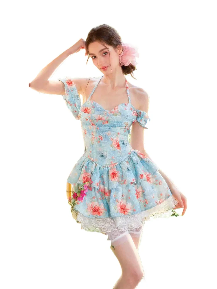 Floral Lace Halter Puff Short Dress