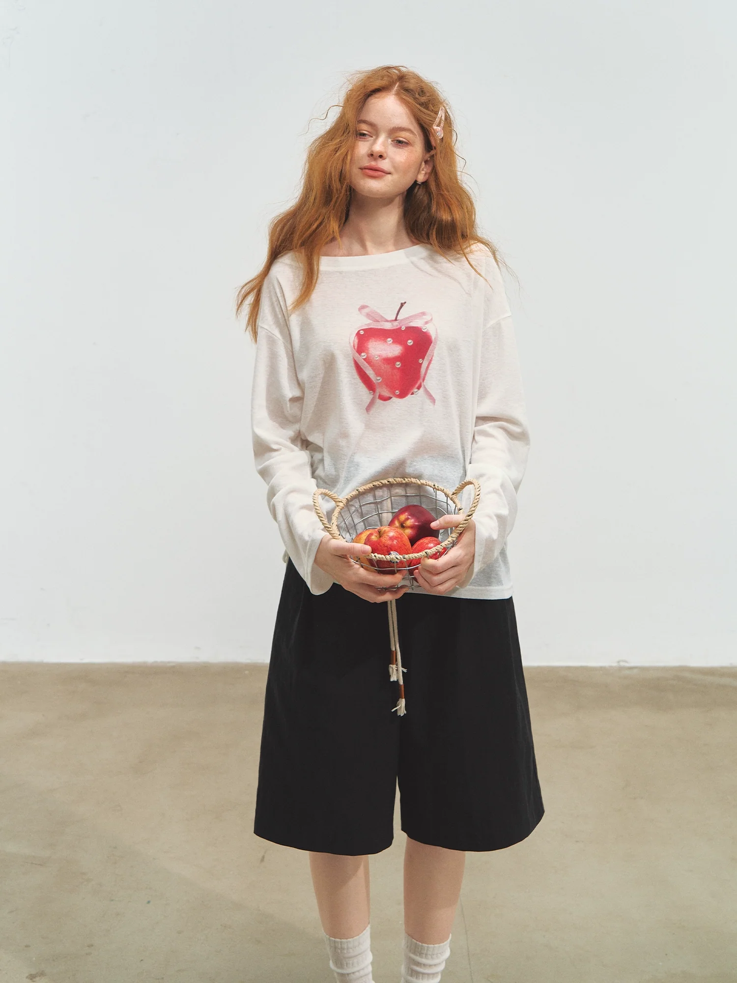 Printed Tie-Up Gauze Long-Sleeve T-Shirt