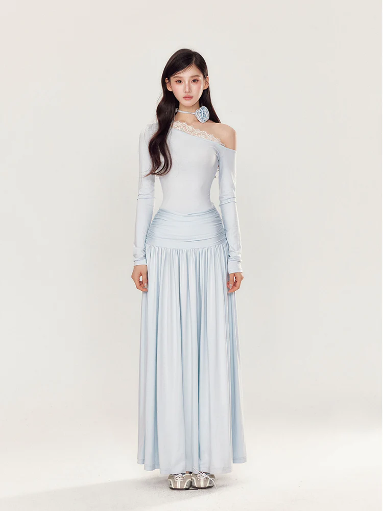Off-Shoulder Asymmetrical Waist Pleated Dress