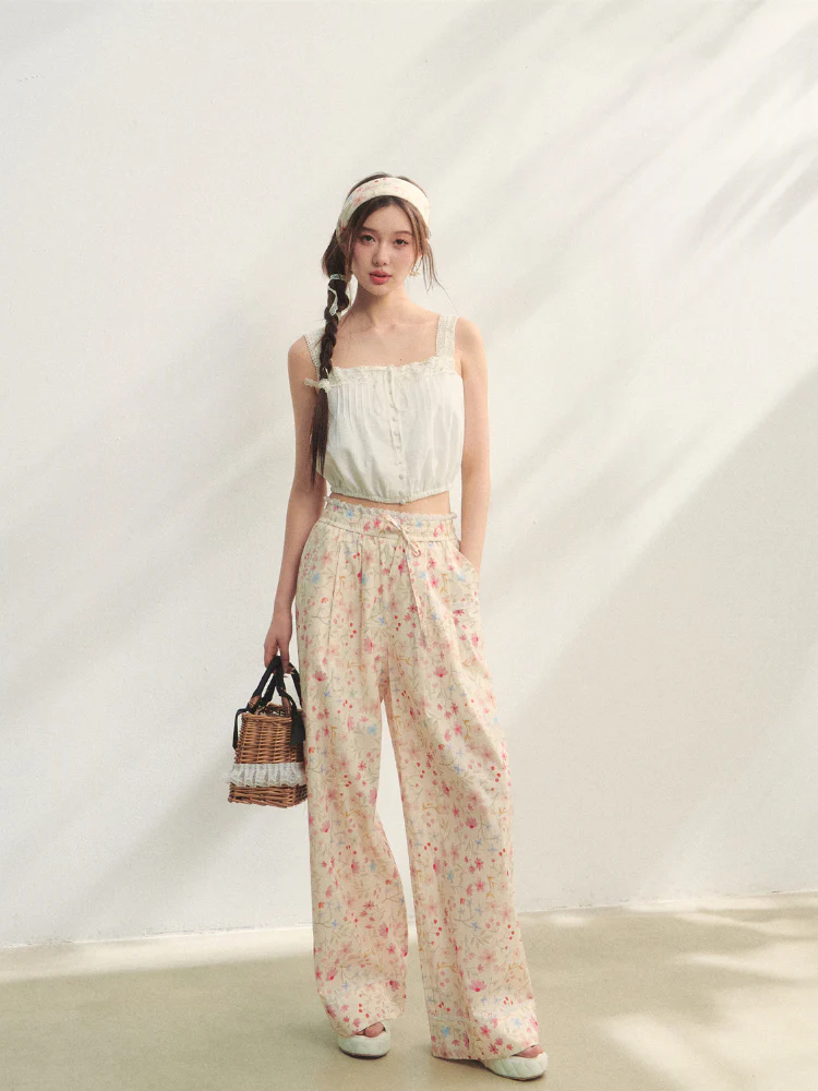 Lace-Trimmed Waist-Tie Wide-Leg Pants