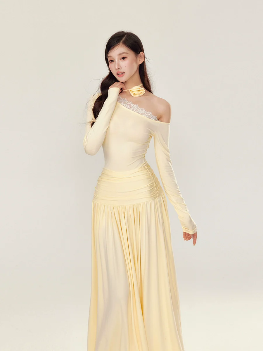 Off-Shoulder Asymmetrical Waist Pleated Dress