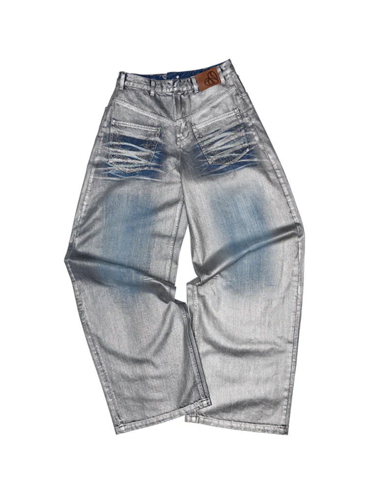 Silver-Foil Embroidered Straight-Leg Denim Curved Pants