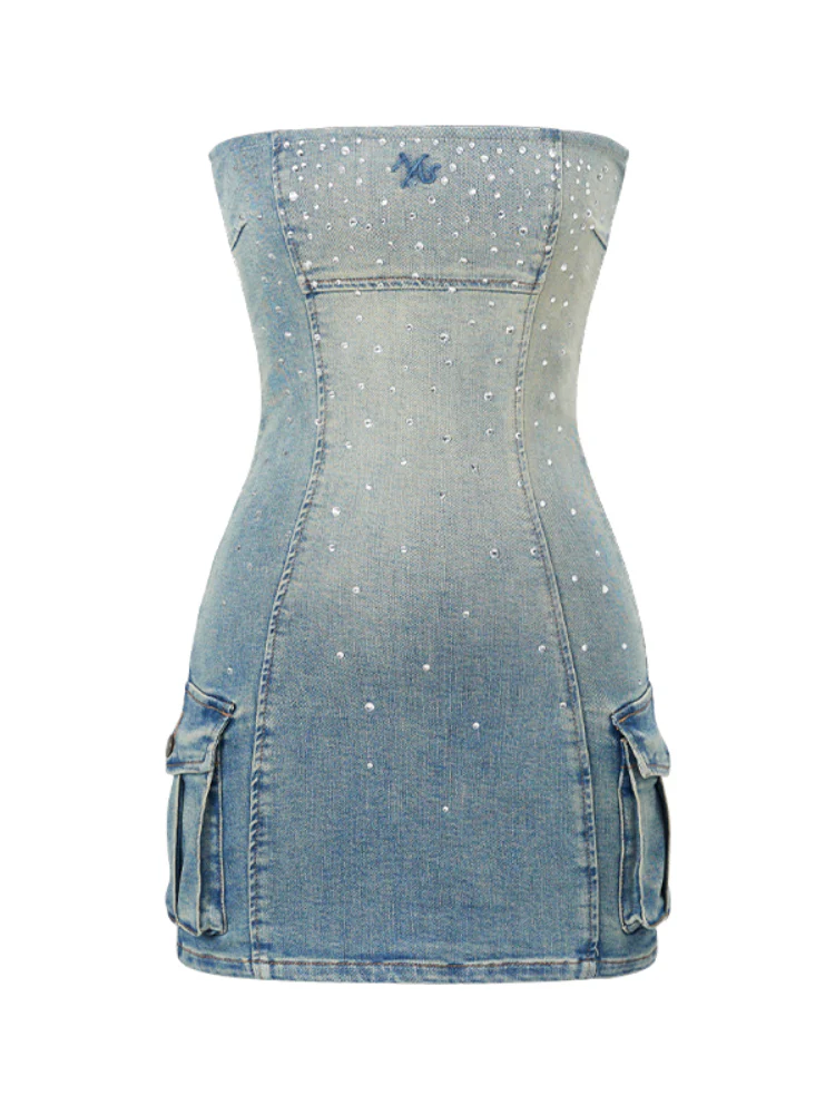 Jeans Waist-Cinching Rhinestone Strapless Dress