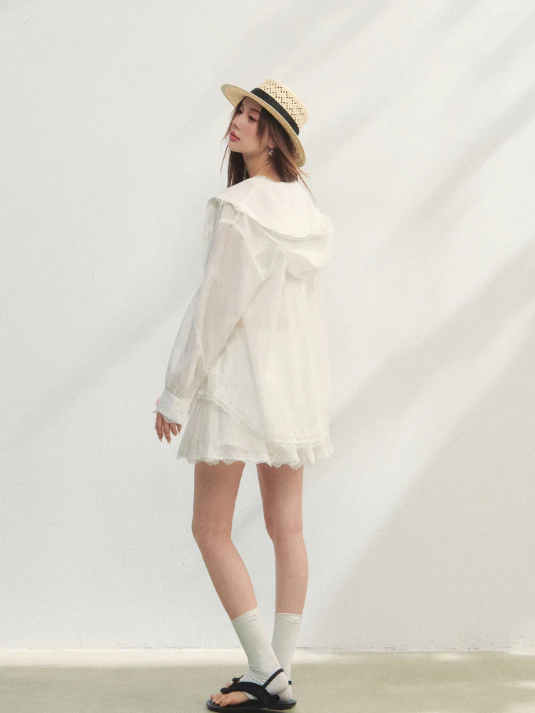 White Lace Panel Hooded Coat & Skirt Set