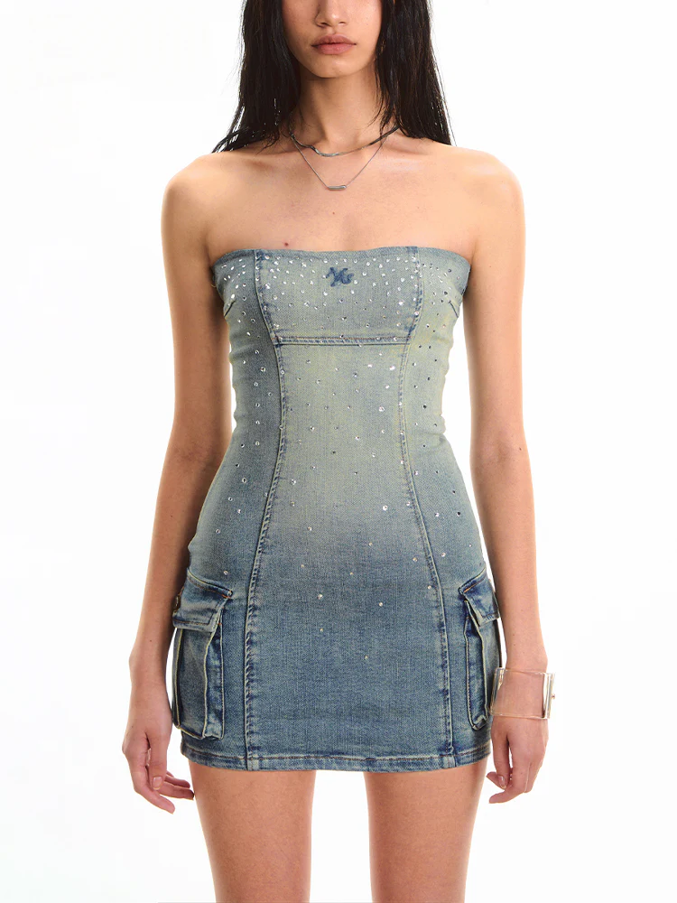 Jeans Waist-Cinching Rhinestone Strapless Dress