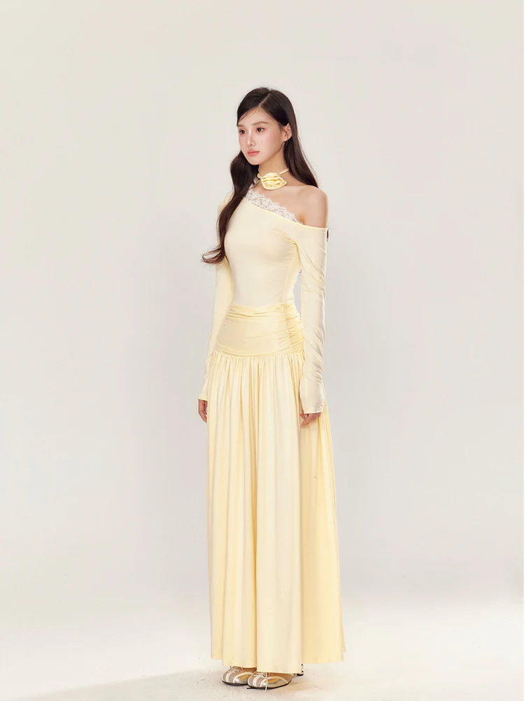 Off-Shoulder Asymmetrical Waist Pleated Dress