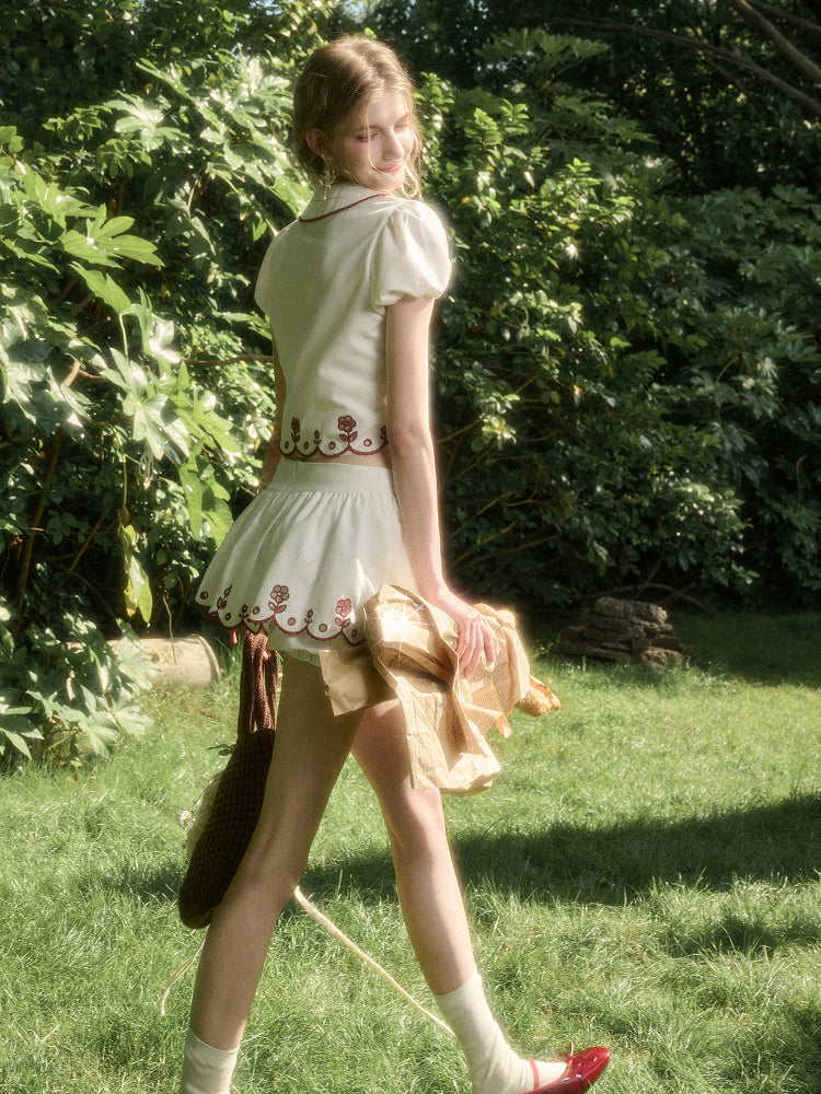 Lace Embroidery Airy Shirt & Skirt Set