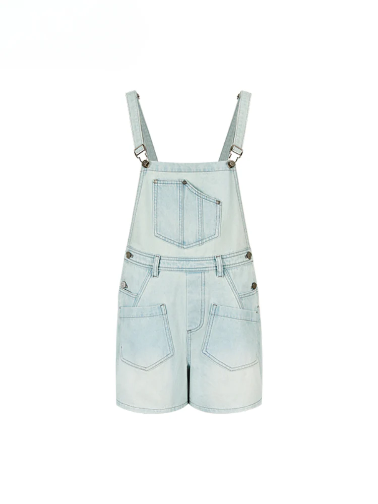 Light Blue Denim Loose Overalls Shorts