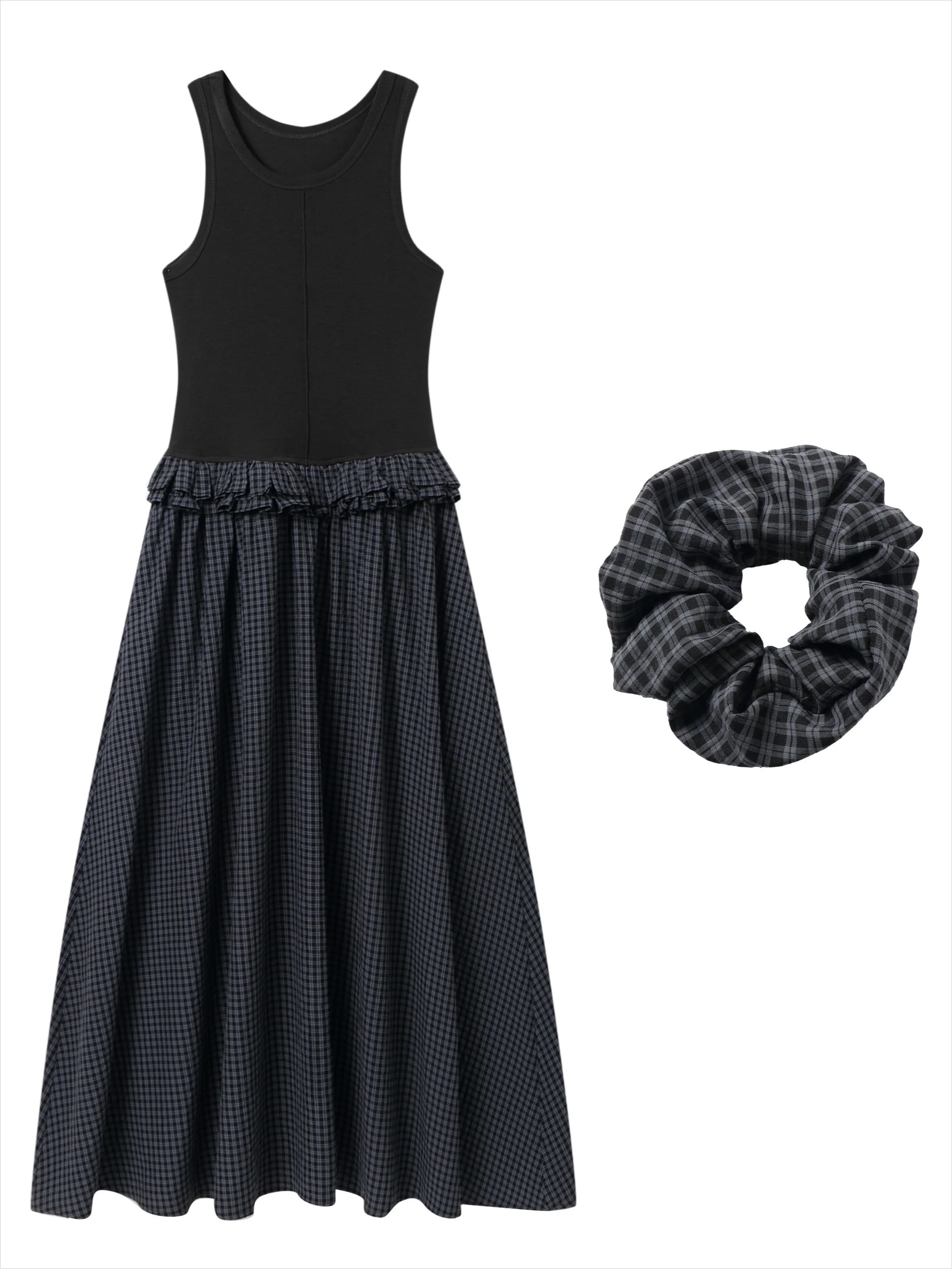 Ruffled Sleeveless Gingham Patchwork Dress