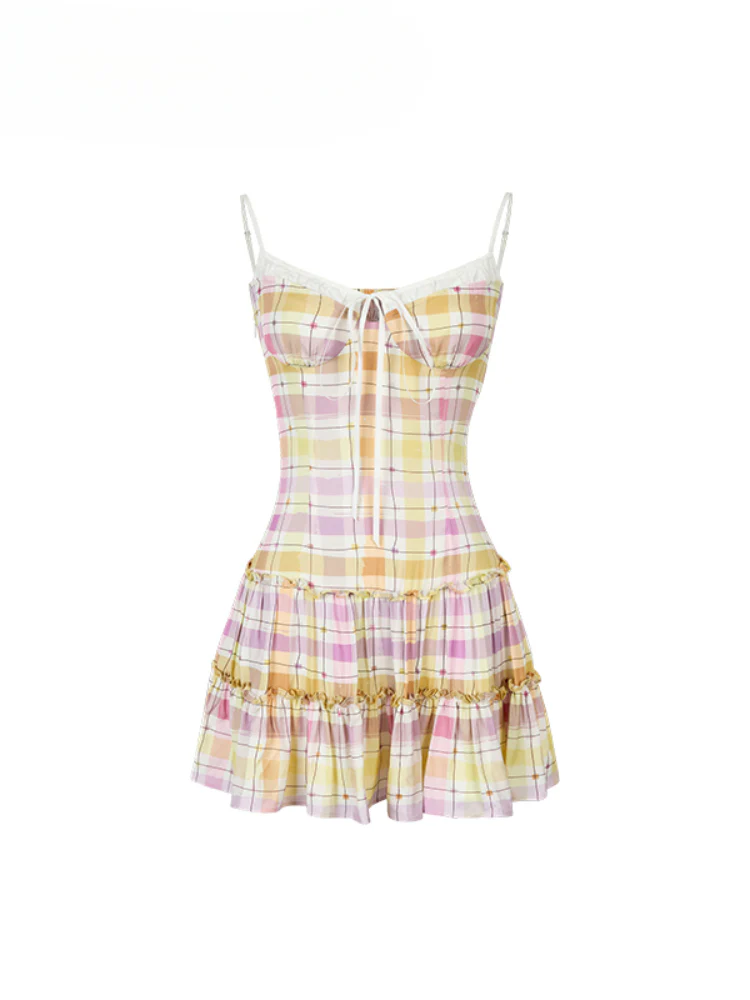 Fake Two-piece Plaid Spliced Cami Dress