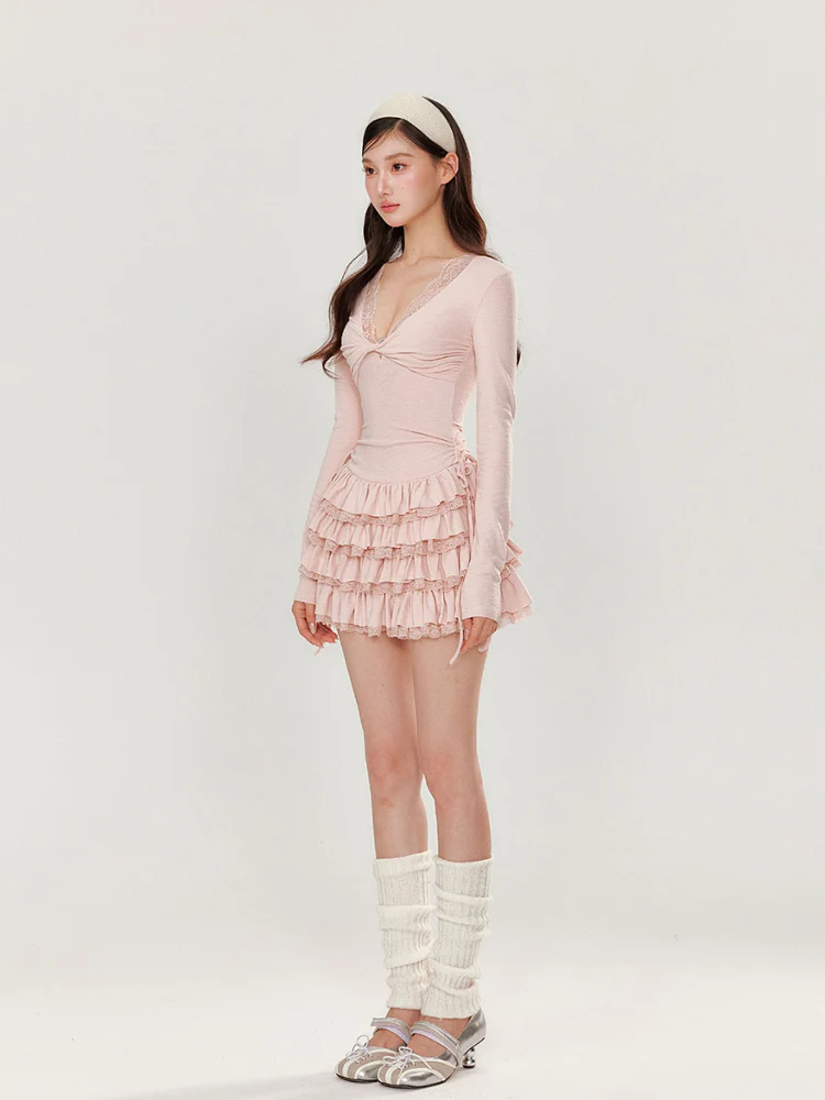 V-neck Long Sleeve Cake Dress