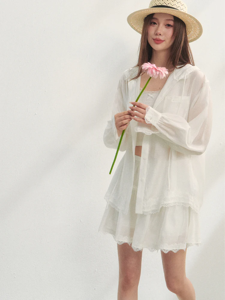 White Lace Panel Hooded Coat & Skirt Set