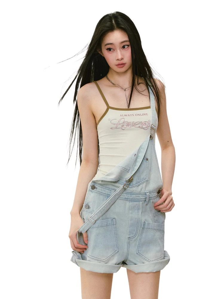 Light Blue Denim Loose Overalls Shorts