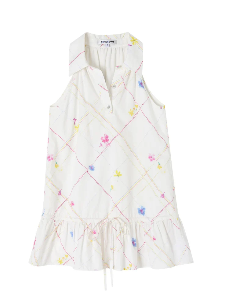 French-Style Printed Sleeveless Halter Tie-Up Top