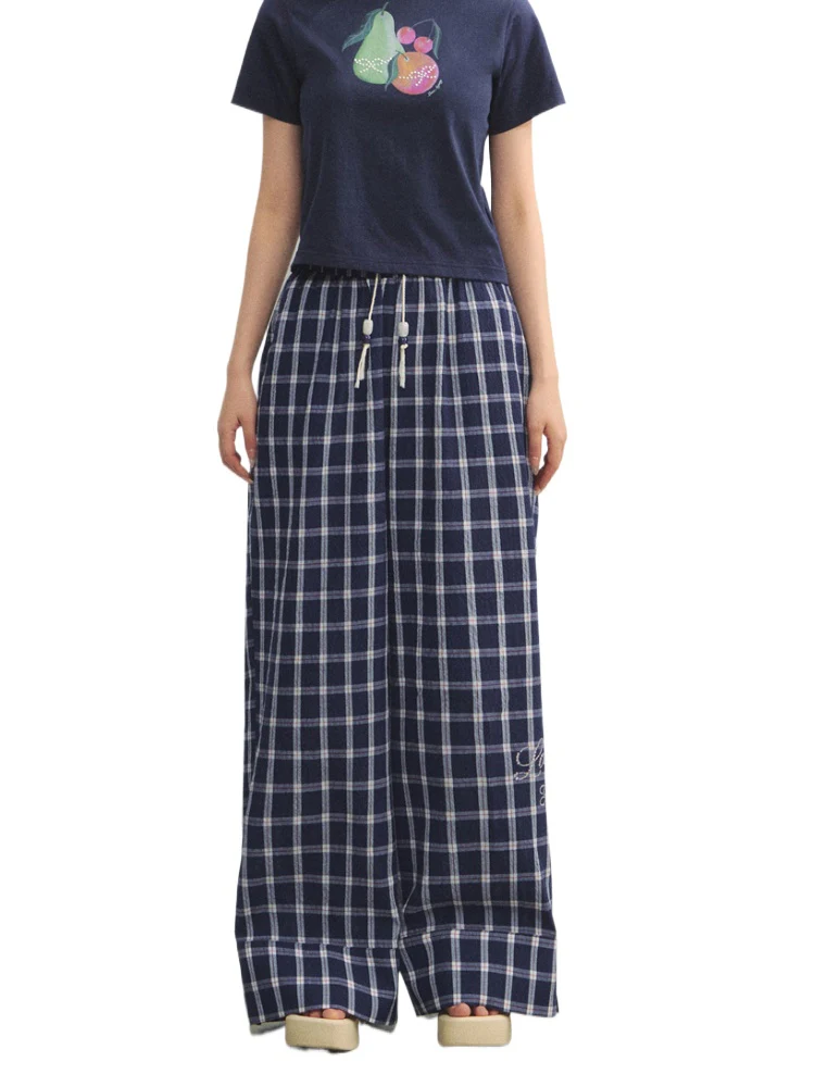 Checkered Strappy Rhinestone Turn-Up Straight-Leg Pants