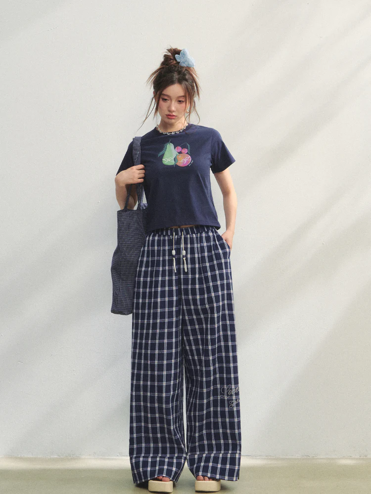 Checkered Strappy Rhinestone Turn-Up Straight-Leg Pants