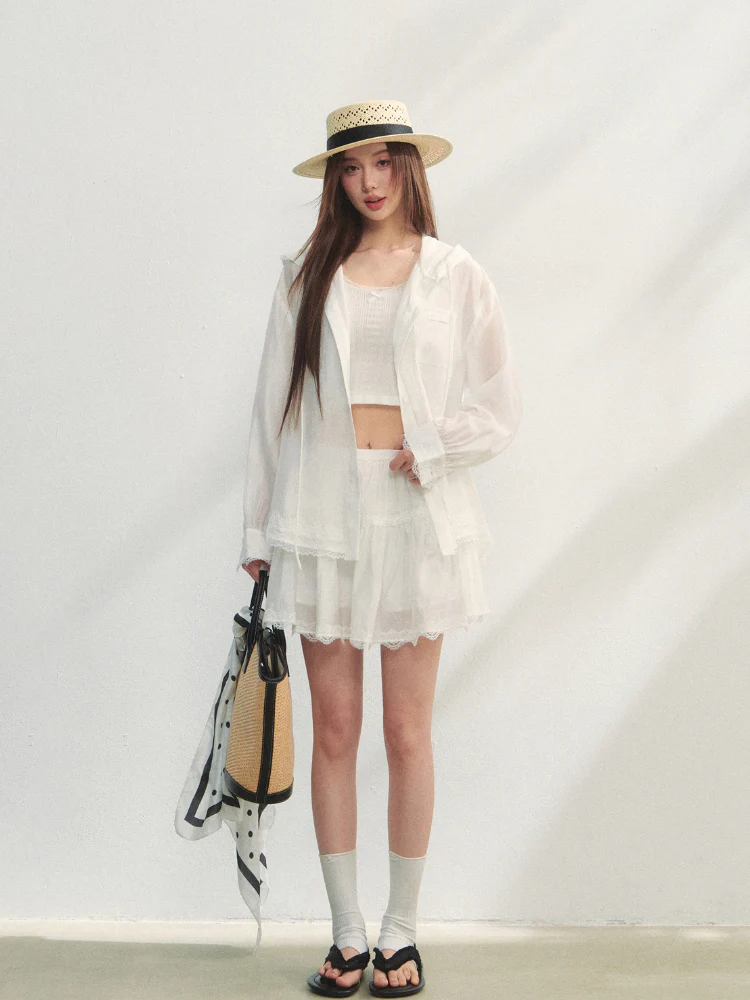 White Lace Panel Hooded Coat & Skirt Set