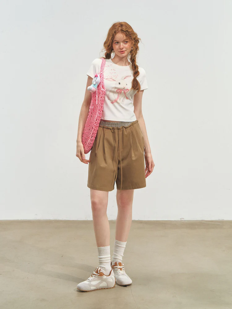 Fake Two-Piece Elastic-Waist Knee-Length Pants