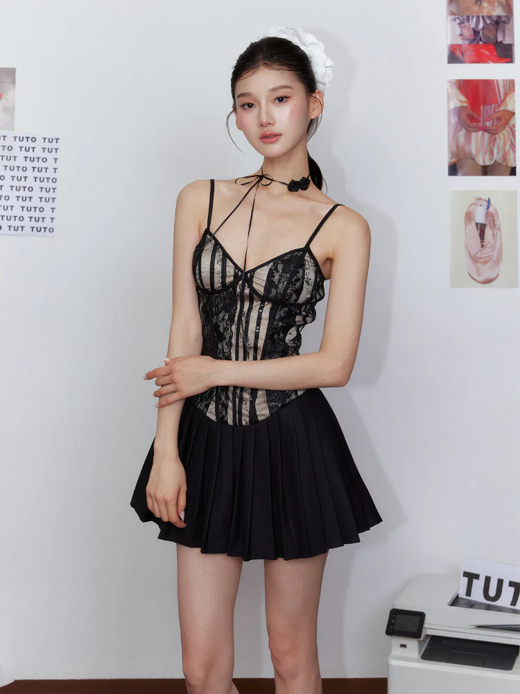 Pleated Lace Waist-Cinching Dress & Coat Set