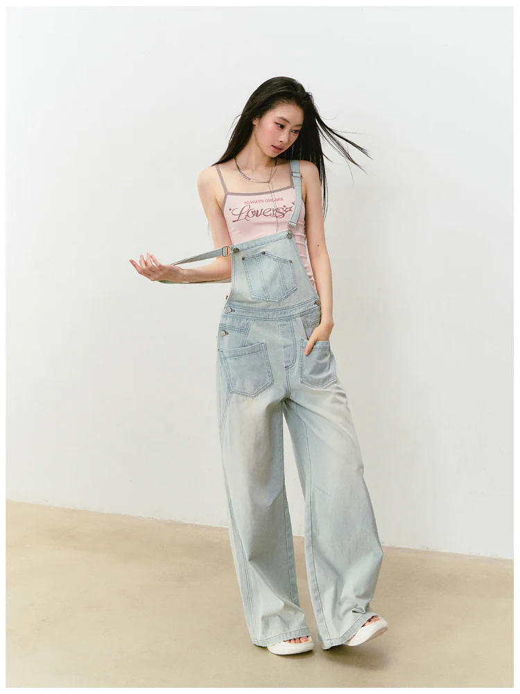 Washed Light Blue Denim Overalls