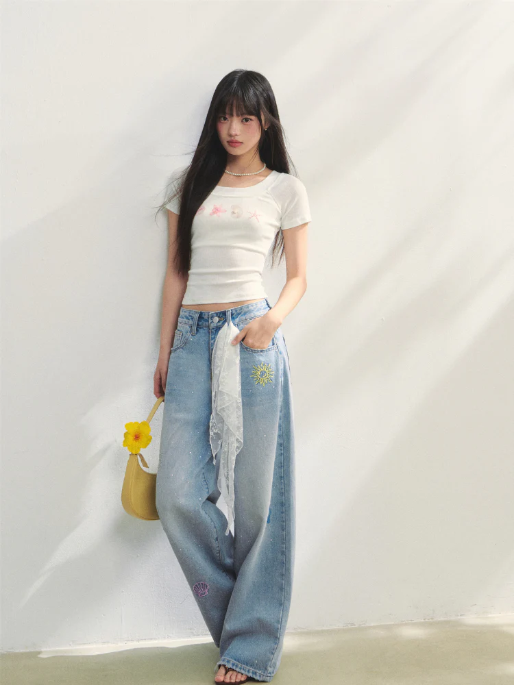 Embroidered Denim Wide-Leg Pants