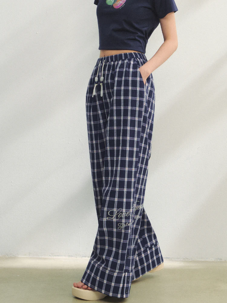Checkered Strappy Rhinestone Turn-Up Straight-Leg Pants
