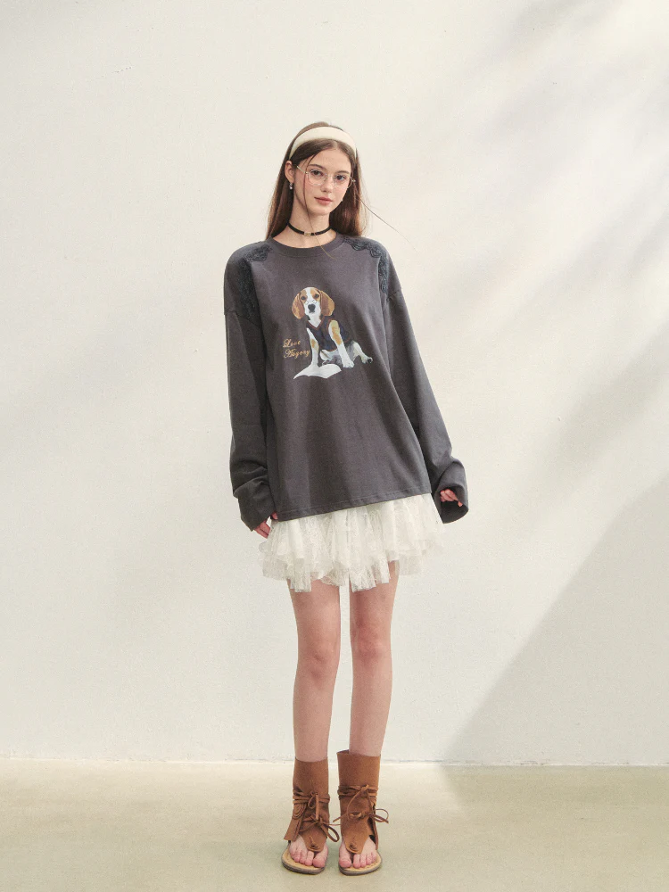 Lace Panel Dog Print Crew Neck Tee