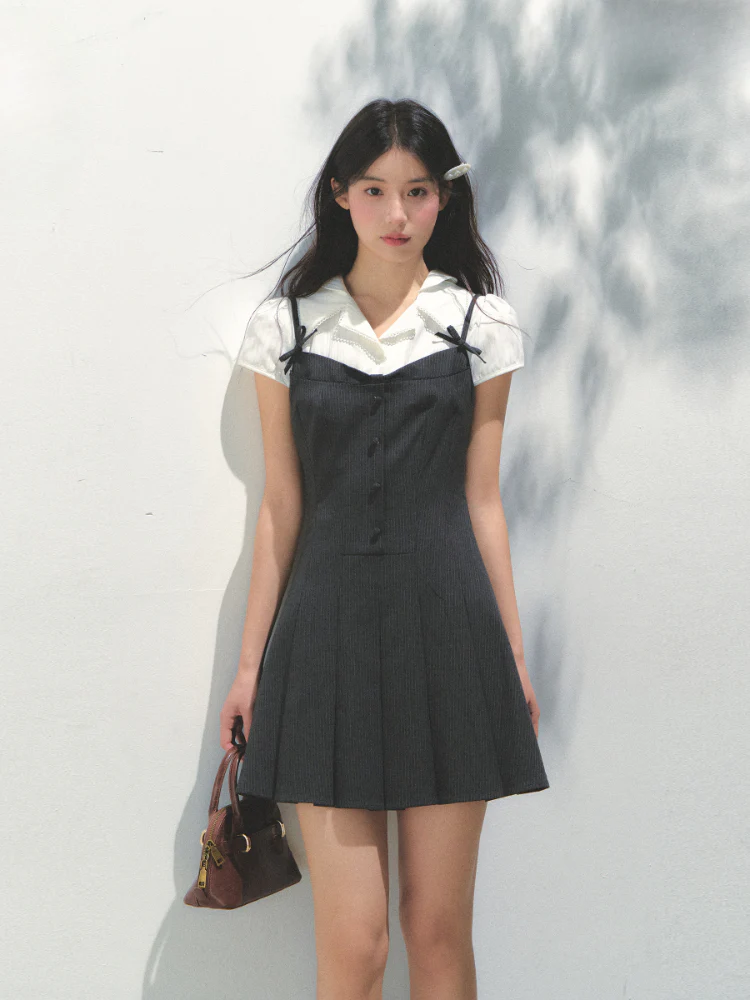 Academy Style Fake Two-piece Pleated Dress